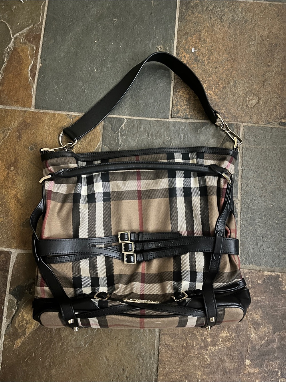 Burberry Black and Beige Plaid Tote with Leather Trim
